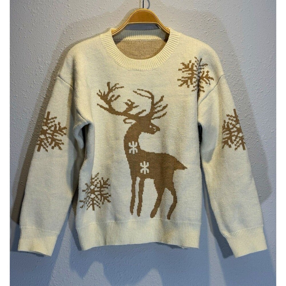 Ivory Brown Reindeer Snowflake Graphic Knit Crew Neck Pullover Sweater